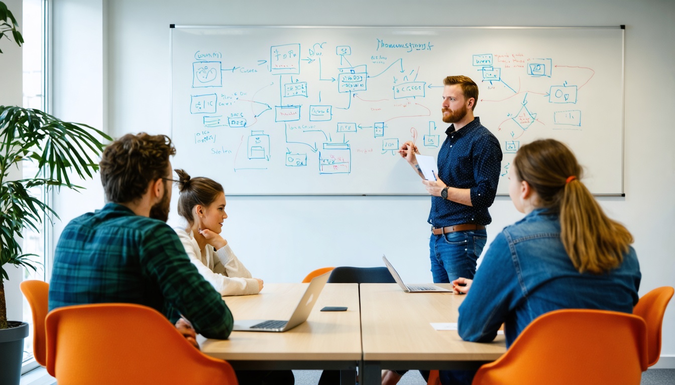 Consultant maakt op een whiteboard een helder overzicht van een complexe casus terwijl betrokkenen meekijken
