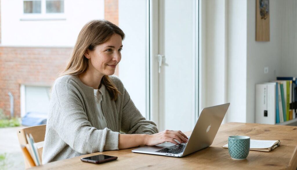 Consultant zit met telefoon en laptop klaar om een online of telefonisch gesprek te voeren