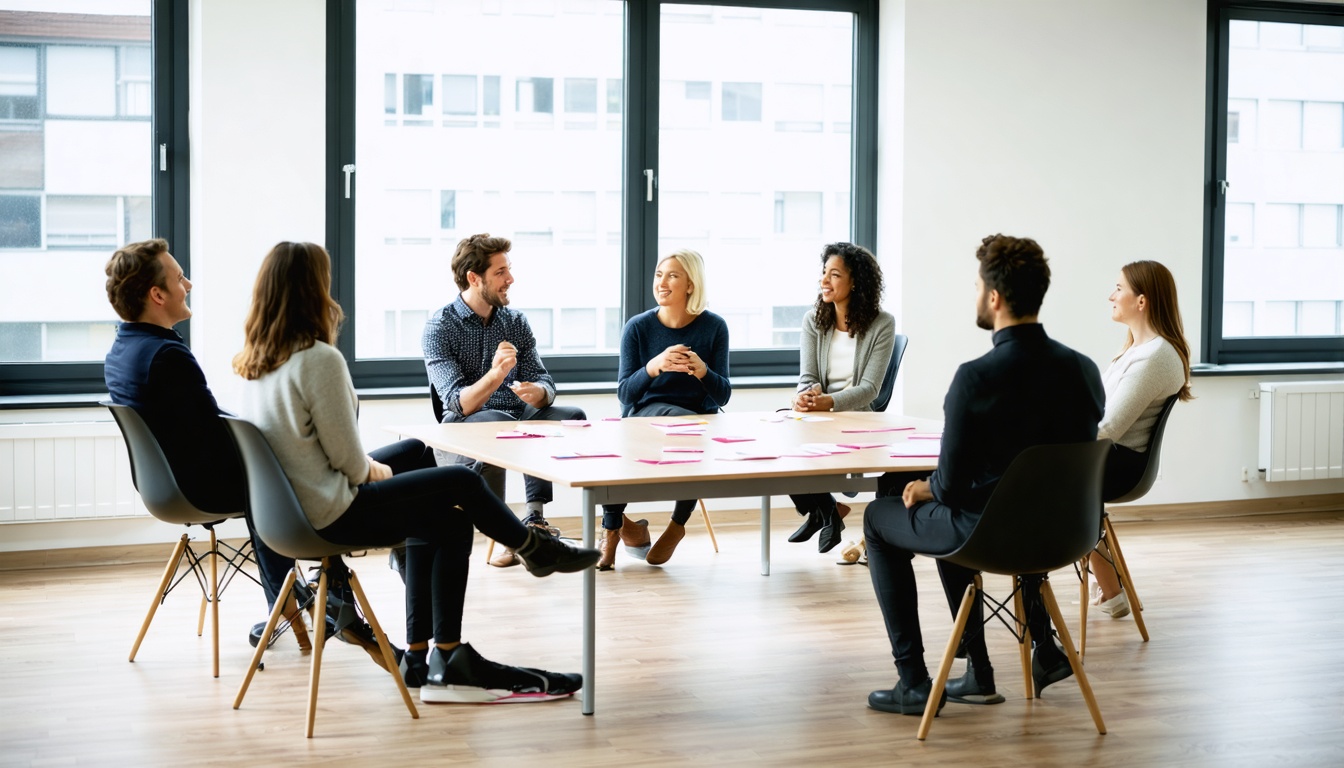 Kleine intervisiegroep van zorgprofessionals in kringgesprek onder begeleiding van een externe coach