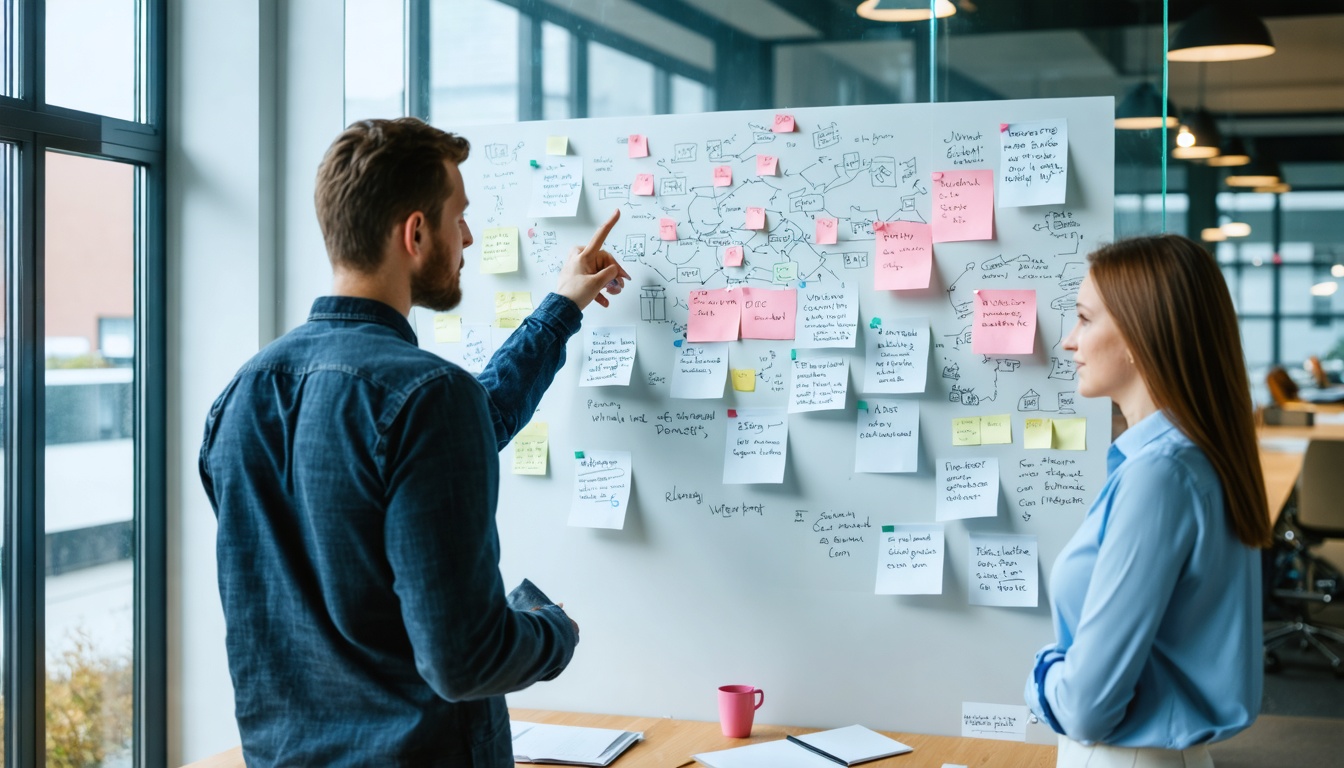 Twee professionals analyseren patronen op een glazen wand vol schema's en notities