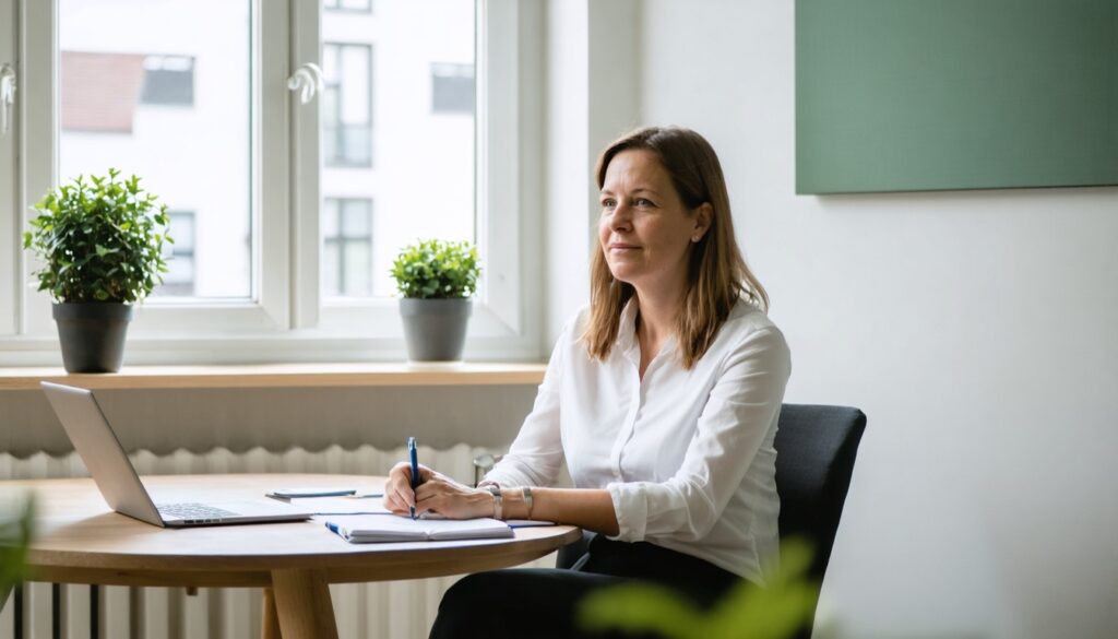 Consultant luistert aandachtig tijdens een gesprek met een ouder en kind in een rustige kantooromgeving