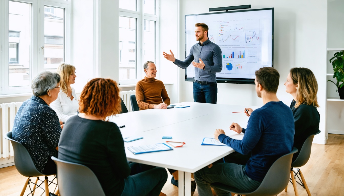 Trainer geeft interactieve ROND-sessie aan een kleine groep zorgprofessionals in een trainingsruimte